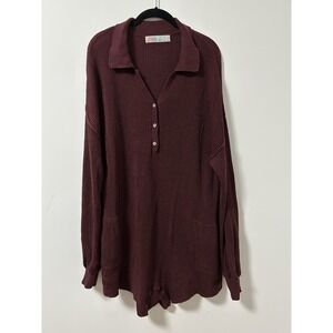 Free People FP Beach Picnic Sweater Romper Linen Cotton Burgundy Raisin Large